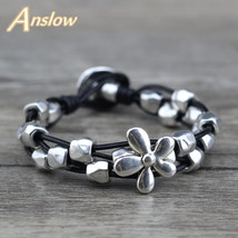 Anslow New Design Lucky Flowers Antique Silver Plated Female Women Men Leather B - £11.40 GBP