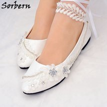 Flower Crystal Flat Wedding Shoes For Pregnant Woman Pointy Toes Ankle Straps Rh - £55.25 GBP