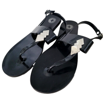 BCBG Sz 10 Generation Black Jelly SANDALS Rubber Strap Dress Silver Flip... - $14.54