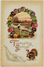 Thanksgiving Greetings Lovely Country Scene Harvest Wreath Turkey Postcard R12 - £4.77 GBP