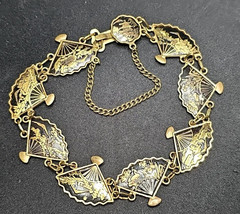 Vintage Damascene Fan Bracelet Toledo Spain Gold Inlay Black Enamel Chain - £22.95 GBP