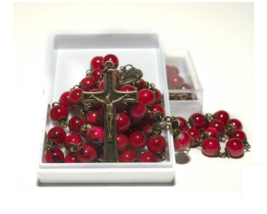 Boy Girl Confirmation Rosary Bronze Color Centerpiece Red Glass Faux Mar... - £11.95 GBP