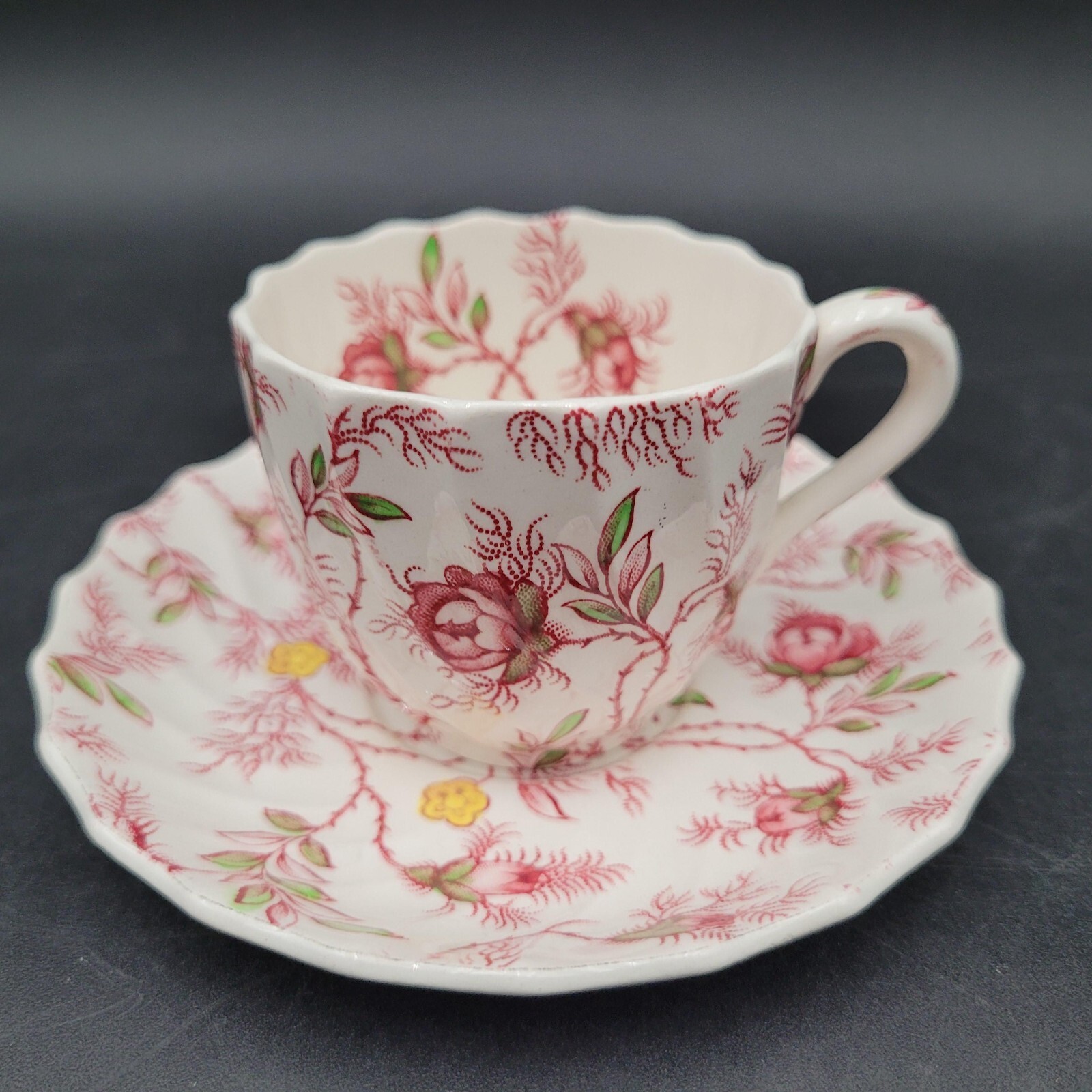 Vintage Rosebud Chintz Pink Vine Spode Demitasse Espresso Cup Mug &amp; Saucer - $9.89