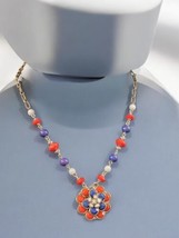 Red White Blue Floral Pendant Necklace Vintage Patriotic Costume Jewelry... - £26.98 GBP