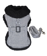 Black and White Classic Houndstooth Dog Coat with Fur Lining &amp; Leash Siz... - $29.99