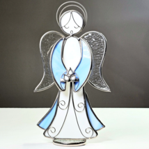 Vintage Stained Glass Angel Of Light Suncatcher HAND-CUT Blue &amp; White Glass 10&quot; - £22.48 GBP