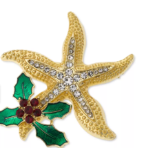 Holiday Lane Gold-Tone Crystal Starfish and Mistletoe Pin - £11.73 GBP