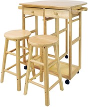 Natural Wooden Kitchen Breakfast Cart Set Dining Table Stools Rolling Island Pub - £269.45 GBP