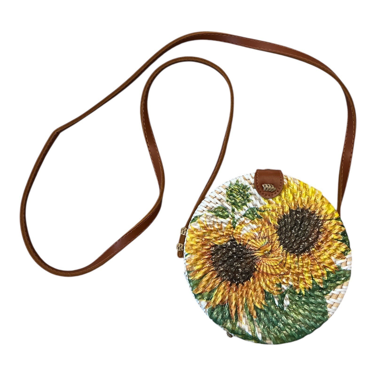 Sunflower Painted Round Woven Crossbody Bag – Handmade in Philippines – New - $27.00