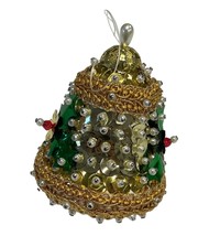 Vintage Handmade Beaded Bell Christmas Ornament With Gold &amp; Green Sequins 3.5&quot; - $18.33