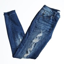 KanCan Distressed Mid Rise Skinny Raw Hem Blue Jeans Size 25 Waist 25.5 Inches - £26.51 GBP
