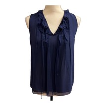 Diane Von Furstenberg Top Womens 2 Navy Blue Silk Kolby Ruffle Sleeveles... - $22.34