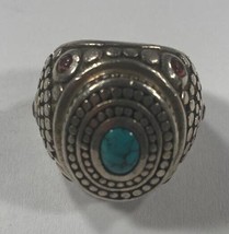 Silver Turquoise Ring Signed &quot;Jalan&quot; Gorgeous Dot Texture Size 7 - $129.38