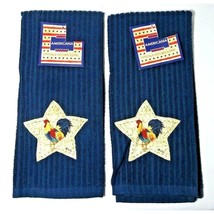 Country Rooster in Star Kitchen Towels Applique Design Blue Tan Cotton 2... - $12.95