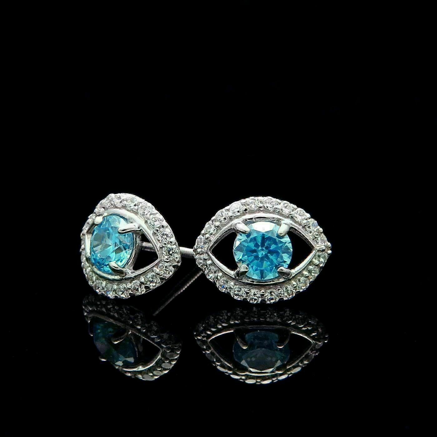 2.00Ct Round Cut Blue Topaz Push Back Eye Stud Or Blanc 14K Finition Item image 2