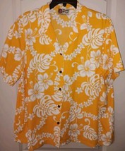 Hilo Hattie Button Front Hawaiian Shirt Women&#39;s Large Marigold/white Floral - £18.19 GBP