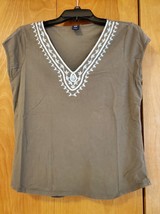 Gap Womens Short Sleeve V Neck Shirt Size L Olive Green Embroidered Collar - £10.29 GBP