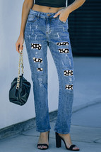 Sky Blue Halloween Skull Patchwork Distressed Straight Jeans - $713.01 MXN
