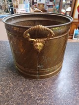 Vintage Lion Head Handle Brass Planter 8&quot; Tall 9&quot; Wide Pot Great Patina - £38.69 GBP