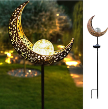 Garden Solar Light Outdoor Decorative, Moon Crackle Glass Globe Stake Metal - £22.40 GBP