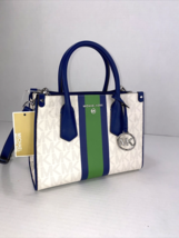 Michael Kors Maple Small Satchel Center Stripe Bag Cobalt Blue Logo Whit... - $124.73