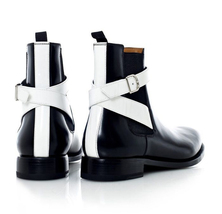 High Ankle Black White Chelsea Rounded Buckle Strap Derby Toe Real Leather Boots - £123.70 GBP