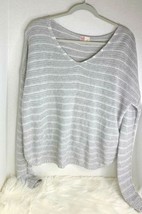 SO Womens Sz XL Pullover Sweater Gray White Striped Oversized VNeck - £6.96 GBP
