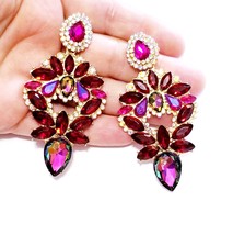 Dangle Bridesmaids Earrings, Rhinestone Drop Earrings, Red Multi Crystal Chandel - £29.14 GBP