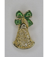 Vintage Gold Tone Filigree Christmas Bell &amp; Green Bow Brooch Pin Costume... - £10.12 GBP