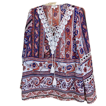 Umgee Womens Boho Print Top Size Medium Multi Floral Bell Sleeves Tie String  - £18.78 GBP