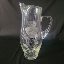 Vintage Large Hand Blown Romania Floral Etched Glass Pitcher Jug Ewer 12" - $22.98
