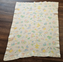 Vintage 70s 80s Acrylic Pastel Baby Blanket Nylon Satin Trim Edge Bear Dog Toys - £77.89 GBP