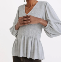 NWT Madewell Lucie V-Neck Smocked Peplum Top Wool Blend Gauze Blouse Size L Gray - £59.35 GBP