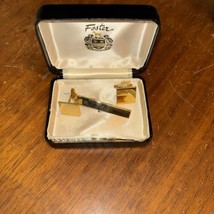 Vintage Foster Brushed Cufflinks &amp; Tie Clip Gold Tone New Old Stock Mens - £11.10 GBP