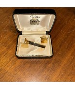 VINTAGE FOSTER BRUSHED CUFFLINKS &amp; Tie Clip GOLD TONE New Old Stock Mens - £11.68 GBP