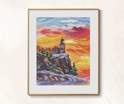 Lighthouse cross stitch seacoast pattern pdf - Sunset embroidery rocky s... - £11.78 GBP