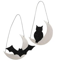 Bethany Lowe Halloween Set of 2 &quot;Over The Moon Ornament&quot; Bat &amp; Owl TF8771 - £9.56 GBP