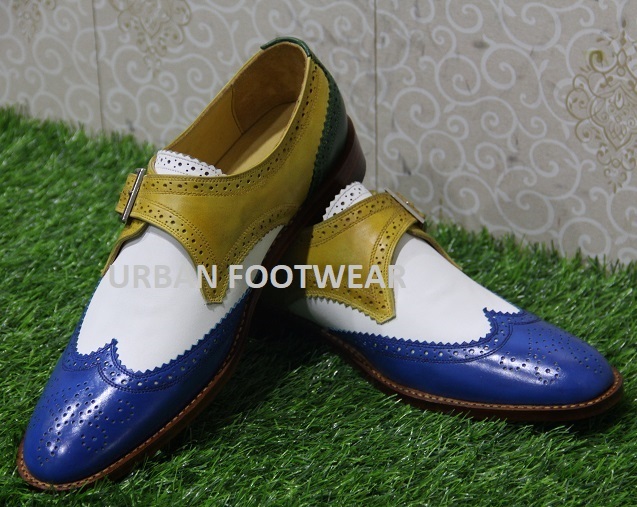 New Handmade Mens Formal Multi Colored Single Monk Wing Tip Dress & Casual wear