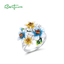 925 Sterling Silver Rings For Women Elegant Blue Yellow Blooming Flowers Cubic Z - £72.85 GBP