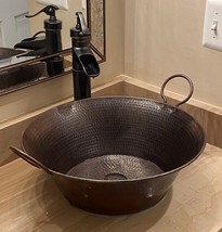 16&quot; Round Copper Cazo Vessel Sink with Two Handles -- Drain Included - £173.01 GBP