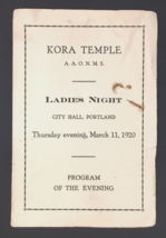 Kora Temple A.A.O.N.M.S. Ladies Night Program 1920 City Hall Portland Maine - £15.26 GBP