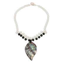 Tropical Summer Leaf Rainbow Abalone Shell and Faux Pearl Statement Necklace - £16.34 GBP