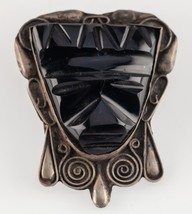 Vintage Azteca Mask in Black Onyx Set in 900 Silver Brooch 20.7g - $140.30 CAD