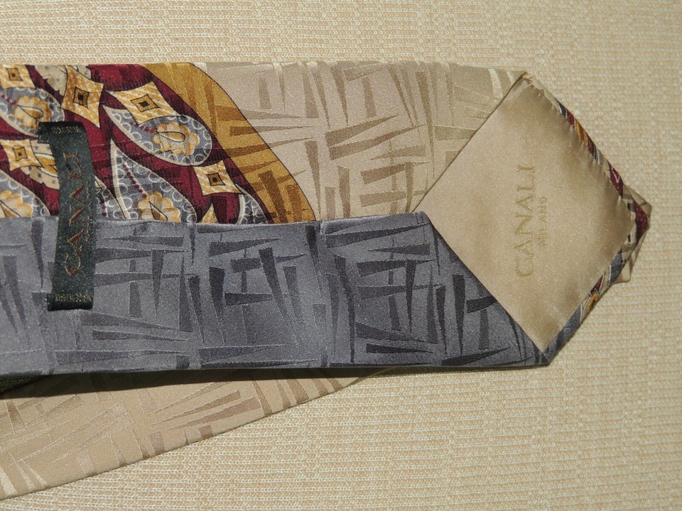 Canali Italy Neck Tie/Necktie Silk beige maroon blue print 59"x3.75" Item image 6
