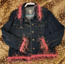 Vtg Sz M Cherokee Jean Jacket Embellished Pink Fringe Trim/Pink Sparkle Beads - £46.73 GBP