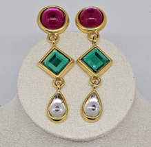 Vintage Cabochon Lucite Gold Tone Clip On Drop Dangle Earrings Red Green - £13.50 GBP