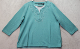 Speculation Blouse Top Women Large Teal Embroidery Floral Round Neck Button Slit - £14.50 GBP
