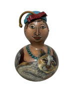 Hand Painted Gourd Cat Lady Folk Art Artist Signed Paula Goheen 7.5&quot; x 11&quot; - $97.22 CAD