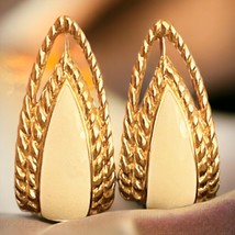 Trifari Earrings Signed Pierced Cream Enamel Gold Tone Half Hoops Vintage 1” - £16.61 GBP