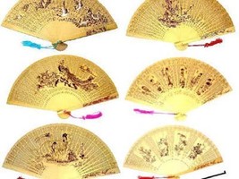 12 DELUXE 9IN WOOD HAND FANS wooden folding fan held purse pocket new wall decor - £18.93 GBP